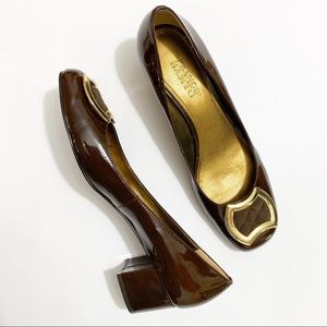 Franco Sarto Brown Patent Gold Buckle Heels